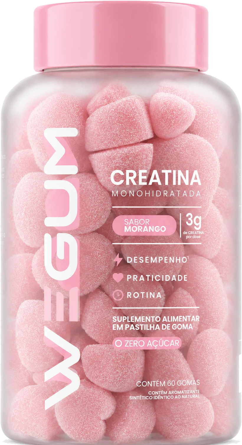 Pote de creatina em goma WEGUM, sabor morango